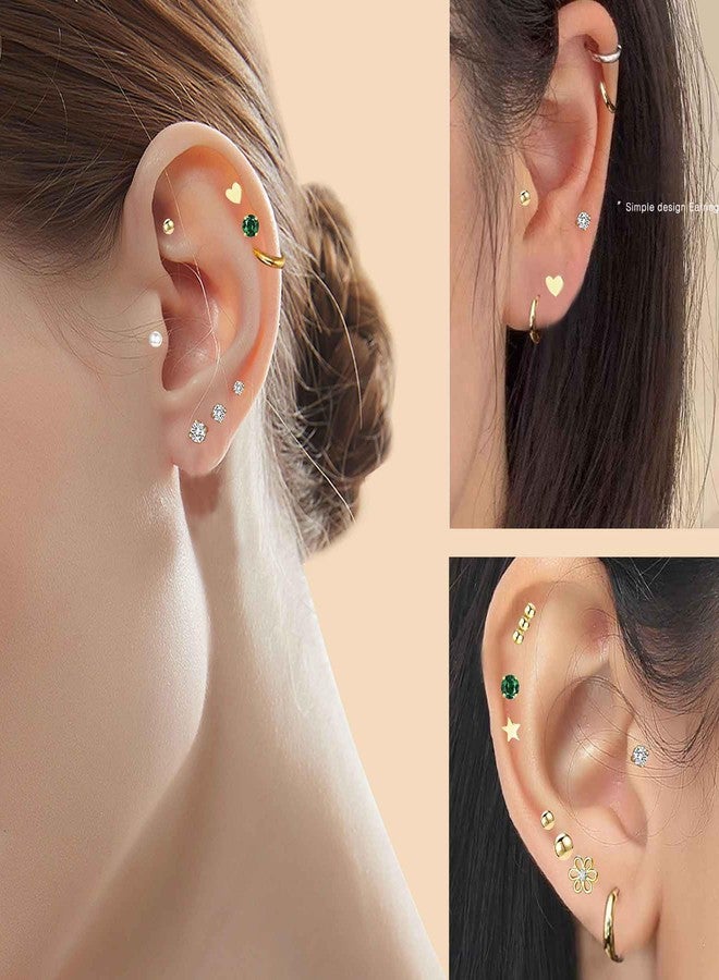 Suotarn أقراط صغيرة مضادة للحساسية من الذهب عيار 14 قيراطًا، ذات ظهر مسطح، مناسبة للنساء والرجال، مصنوعة من الفولاذ الجراحي، بتصميم أنيق وصغير الحجم، حلقية مسطحة الظهر، أقراط غضروفية، لون أخضر زمردي، ظهر لولبي، مناسبة لثقب شحمة الأذن أو الحلزون، مقاس 20G - Image 2